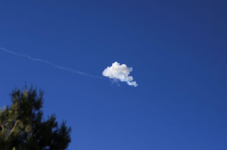 Smoke from an explosion in the sky after Israel's Iron Dome anti-missile system intercepted an Iranian missile, as seen from Jerusalem, June 8, 2026. REUTERS/Ronen Zvulun TPX IMAGES OF THE DAY