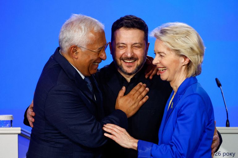 reuters_6a2ce468-1781326952 FILE PHOTO: Ukraine's President Volodymyr Zelenskiy, European Commission President Ursula von der Leyen and European Council President Antonio Costa react as they attend a press conference on the fourth anniversary of Russia's full-scale invasion of Ukraine, in Kyiv, Ukraine, February 24, 2026. REUTERS/Valentyn Ogirenko/File Photo