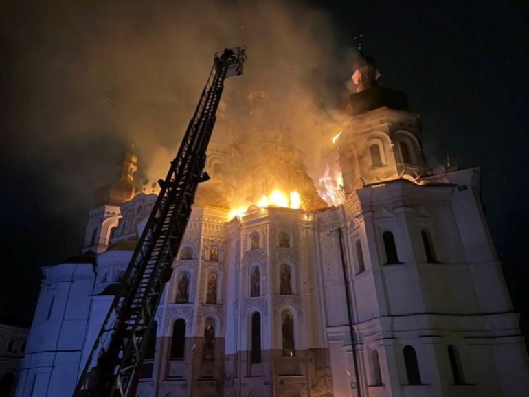 reuters_6a2f673d-1781491517-1 Firefighters work at a site of the Dormition Cathedral of the Kyiv Pechersk Lavra monastery, which burns after it was hit during Russian missile and drone strikes, amid Russia's attack on Ukraine, in Kyiv, Ukraine June 15, 2026. Minister of Culture of Ukraine Tetyana Berezhna via Facebook/Handout via REUTERS THIS IMAGE HAS BEEN SUPPLIED BY A THIRD PARTY. MANDATORY CREDIT