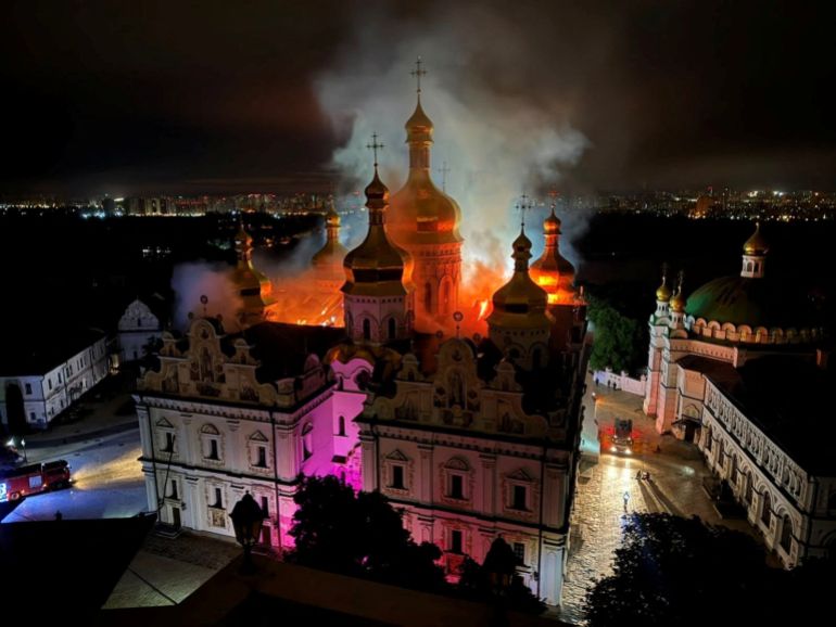 reuters_6a2f6743-1781491523 Firefighters work at a site of the Dormition Cathedral of the Kyiv Pechersk Lavra monastery, which burns after it was hit during Russian missile and drone strikes, amid Russia's attack on Ukraine, in Kyiv, Ukraine June 15, 2026. Minister of Culture of Ukraine Tetyana Berezhna via Facebook/Handout via REUTERS THIS IMAGE HAS BEEN SUPPLIED BY A THIRD PARTY. MANDATORY CREDIT
