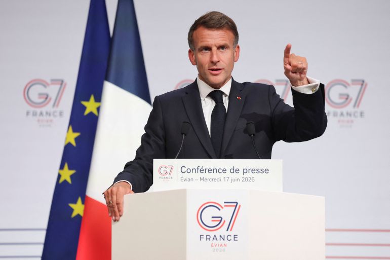 reuters_6a32c788-1781712776 French President Emmanuel Macron holds a press conference during the G7 Summit in Evian-les-Bains, France, June 17, 2026. REUTERS/Christian Hartmann