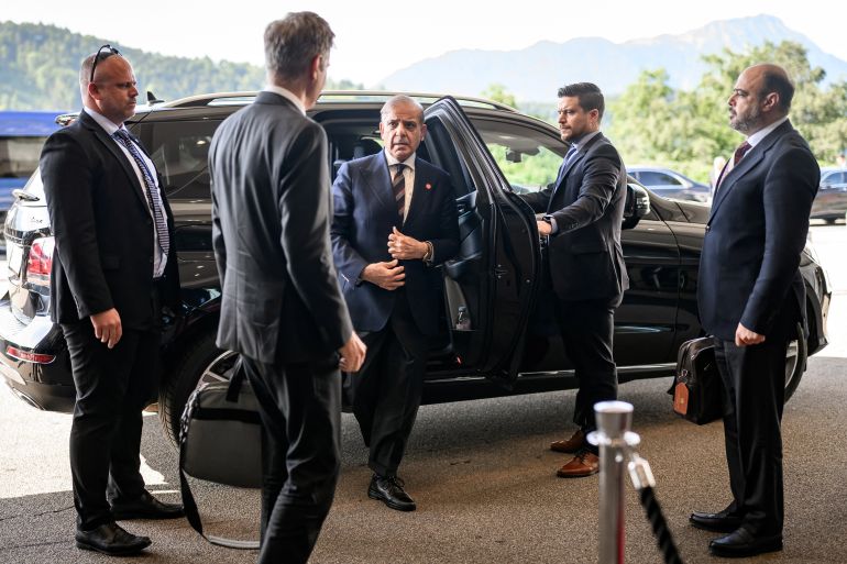 reuters_6a37a500-1782031616 Pakistan's Prime Minister Muhammad Shehbaz Sharif (C) arrives at the Buergenstock luxury hotel complex overlooking Lake Lucerne, Switzerland, on June 21, 2026, ahead of high-level talks aimed at advancing a deal to end the Middle East conflict. Fabrice Coffrini/Pool via REUTERS