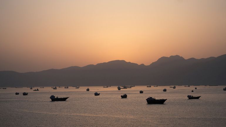 FILE PHOTO: Ships and boats in the Strait of Hormuz, Musandam, Oman, May 1, 2026. REUTERS/Stringer/File Photo