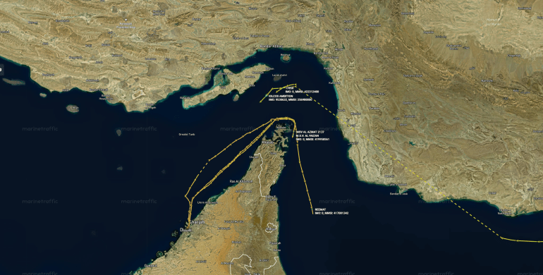 ships-routes-1782035703-1 حركة عبور محدودة في مضيق هرمز منذ صباح 21 يونيو/حزيران الجاري (مارين ترافيك)