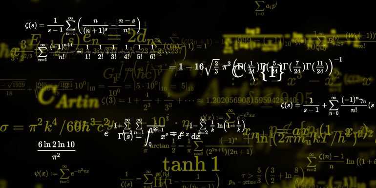 Mathematics and physics study. 2d illustration. Set of mathematical algorithms on constant background. Symbols on dark backdrop.