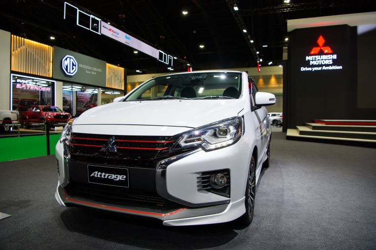 shutterstock_1850012347-1780899976 Mitsubishi Attrage car on display at THE 41st BANGKOK INTERNATIONAL MOTOR SHOW 2020 on July 14, 2020 in Nonthaburi, Thailand.