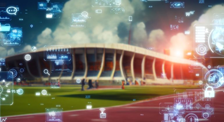 shutterstock_2203611315-1780913913 Sports stadium and technology. sports tech. Wide angle visual for banners or advertisements.