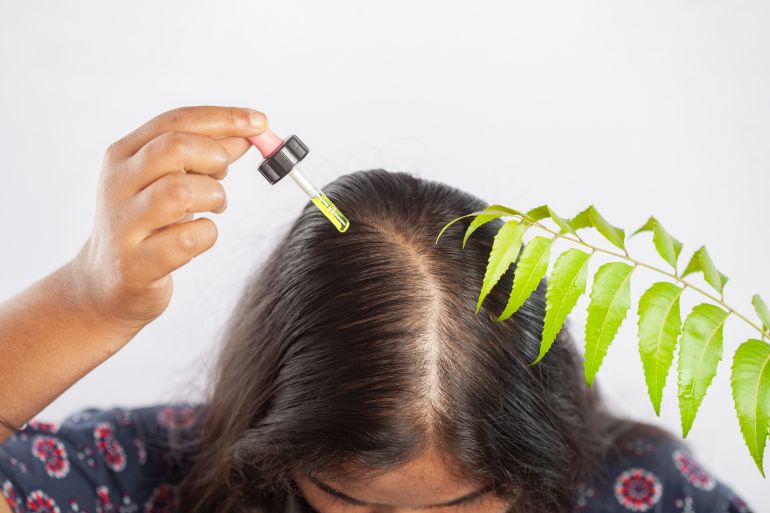 shutterstock_2445900187-1780907130 Azadirachta Indica Oil or Neem Oil, women, indian, essential oil, neem leaves, dropper