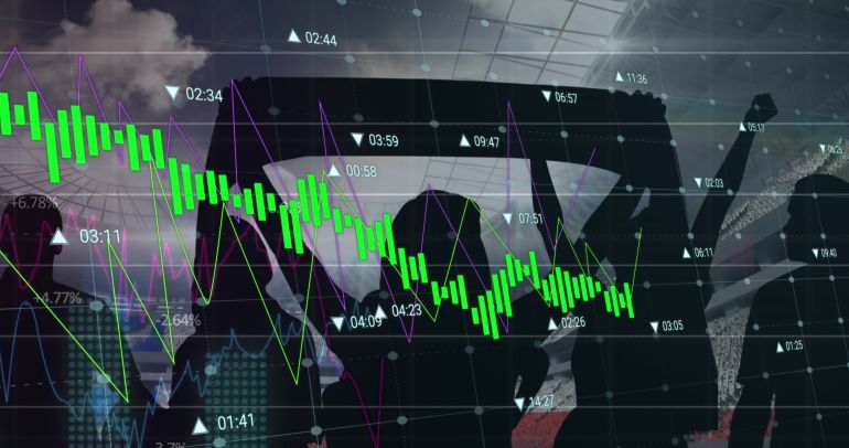 Image of financial data processing over football fans. World cup soccer concept digitally generated image.