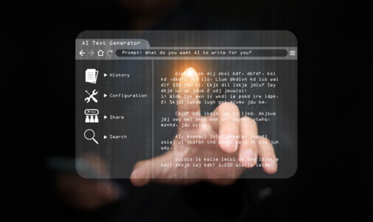 AI text generator concept: a man uses Ai, artificial intelligence, to generate text and assist with writing content