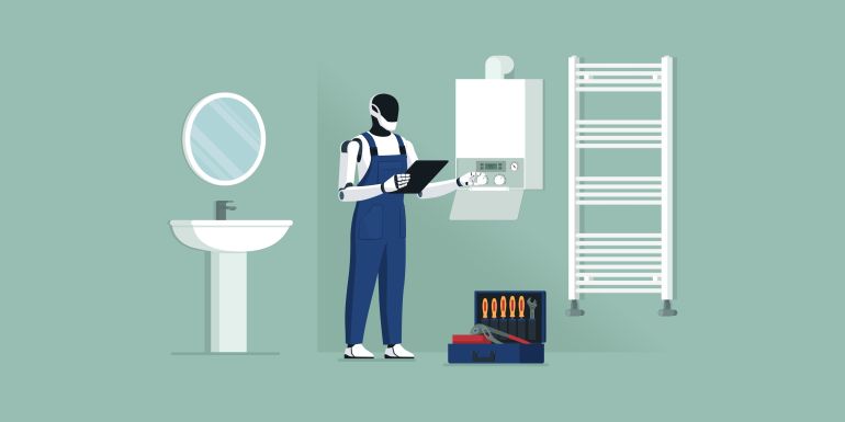 Efficient autonomous plumber robot checking a boiler at home: AI and robotic technology concept