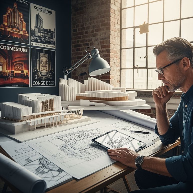 shutterstock_2650599521-1780396603 create an image of an architect designing a music venue