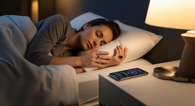 shutterstock_2656629919-1781004699 Ultra-realistic photo of a woman sleeping in bed, seen from a soft side angle. She wears a sleek smart ring on her finger for heart rate monitoring. A smartphone displaying sleep tracking data is placed on the bedside table. The scene is dimly lit with