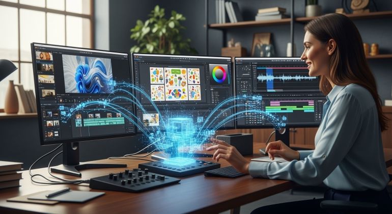 Photo-realistic image of a teacher working with artificial intelligence tools to create multimedia educational content. The scene shows a modern workspace with screens displaying video editing, graphic design, or audio software. The AI is represented as a digital assistant or hologram interacting with the teacher. Emphasis on creativity, innovation, and human-AI collaboration in multimedia content creation. Bright, professional environment with realistic lighting.