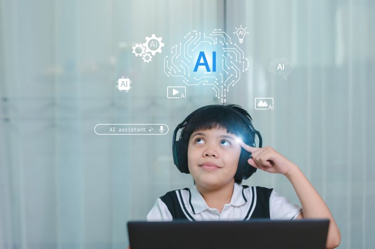 Smart Asian child Point finger at head using AI technology, wearing headphones, learning with artificial intelligence assistant at home, symbolizing futuristic education and digital innovation.