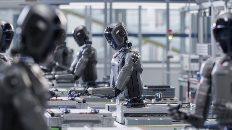 3D Render: Industrial AI Transformation: Advanced Human Like Robot Working in Industrial Environment. Autonomous AI Powered General Purpose Humanoid Robots Work at Factory on Assembly Line.