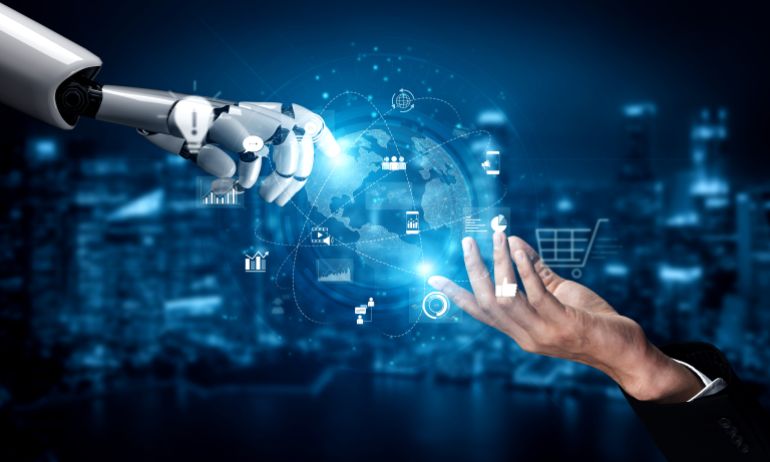 shutterstock_2726993669-1780677032 AI managing global digital marketing, optimizing communication, analyzing data trends, and automating content delivery across diverse online networks. Vouch