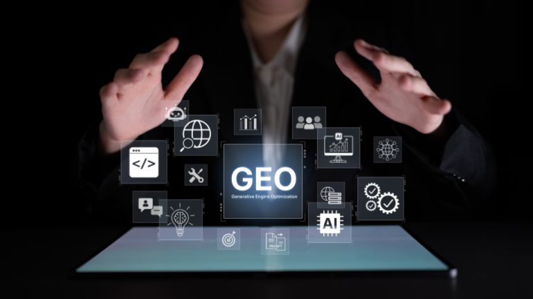 shutterstock_2742232889-1780677041 Digital marketing concept featuring GEO strategy, optimizing content for AI search engines and large language models. Evolution of SEO, brand authority, and AI citation visibility. Corpus