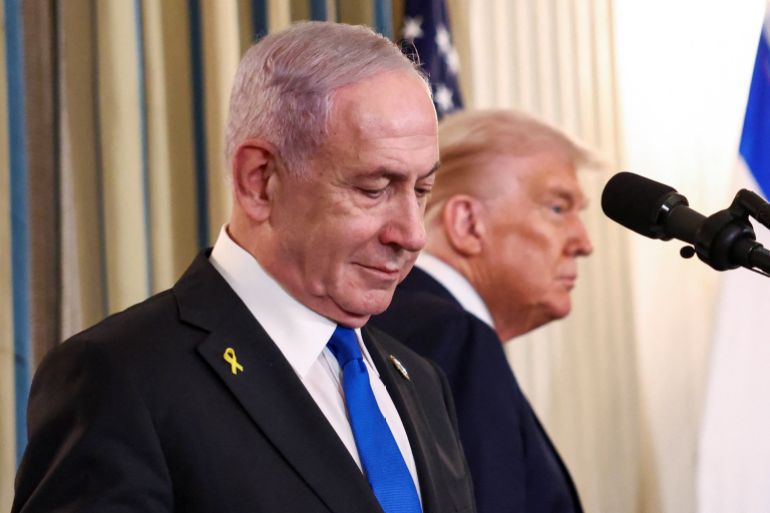trn8-1760296133 U.S. President Donald Trump and Israeli Prime Minister Benjamin Netanyahu hold a joint press conference in the State Dining Room at the White House, in Washington, D.C., U.S., September 29, 2025. REUTERS/Kevin Lamarque