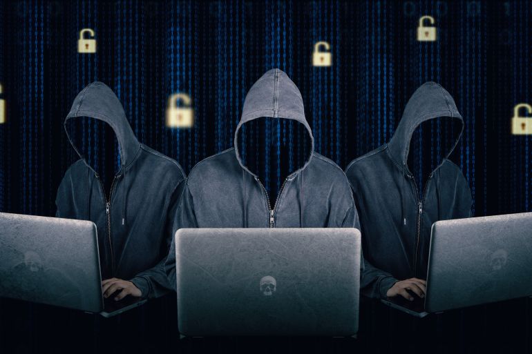 zxczcd8aad988d986d8b31-1750149462 Dangerous hooded group of hackers. Internet, cyber crime, cyber attack, system breaking and malware concept. Dark face. Anonymous. Digital binary code on background.