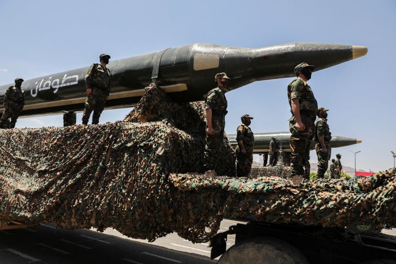 2023de-1756127533 A view of ballistic missiles during a military parade held by the Houthis to mark the anniversary of their takeover in Sanaa, Yemen September 21, 2023. REUTERS/Khaled Abdullah