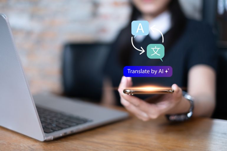 2new-1784023286 Person using artificial intelligence AI translation international language global digital app online chat communication futuristic technology system innovation support assistant concept adobe stock