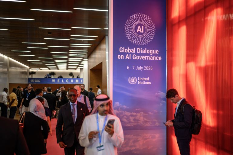 3v4y-1784714528 Participants take part in the opening day of the first Global Dialogue on AI Governance, in Geneva on July 6, 2026. UN Secretary-General called for a global governance system to shape artificial intelligence for the good of humanity, warning against allowing the technology itself to "vibe-code" our future. (Photo by Fabrice COFFRINI / AFP)