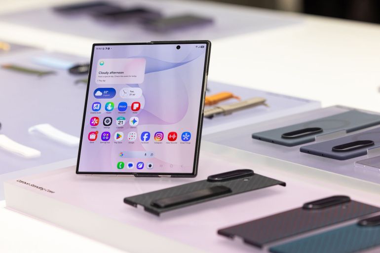 A Samsung Galaxy Z Fold 8 Ultra smartphone at a preview event in London, UK, on Tuesday, July 21, 2026. Samsung Electronics Co. revamped its foldable phone lineup, introducing a new entertainment-focused model that will compete with Apple Inc.'s imminent entry into the market. Photographer: Chris Ratcliffe/Bloomberg via Getty Images