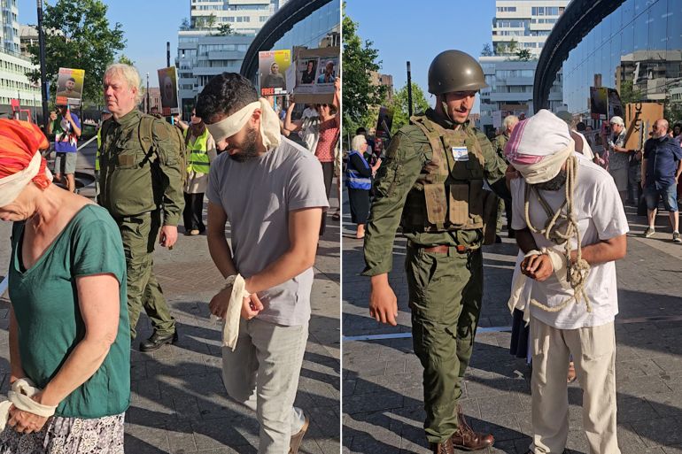 65as1dasd-1782647554 متضامنون مع فلسطين في مدينة أوتريخت الهولندية ينظمون وقفة احتجاجية للمطالبة بحرية الأسرى الفلسطينيين ويؤدون مشاهد تمثيلية تحاكي ما يتعرض له الأسرى داخل سجون الاحتلال الإسرائيلي من تعذيب وانتهاكات