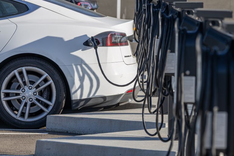 6yrthfg-1774015118 Dublin, California, USA - June 7, 2024: Tesla car charging at electric vehicle charger station