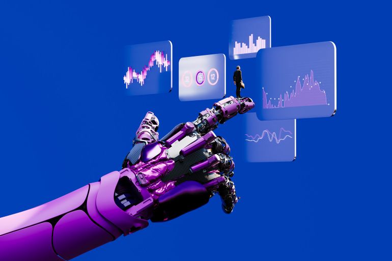 8954-1781782872-1 Conceptual image of a large, purple robotic arm reaching toward various digital display screens showing financial bar graphs and line charts. A miniature business person stands atop one of the robot's fingers, observing the data, set against a deep blue background. This digitally generated image represents the intersection of artificial intelligence, big data, and human leadership in modern finance. It illustrates concepts such as machine learning, data mining, and digital transformation within the corporate world. The visual metaphor highlights how technology and automated systems assist in business strategy, forecasting, and achieving a high return on investment. The futuristic style emphasizes innovation and the evolution of the electronics industry. This image is perfect for themes regarding financial technology, global business communications, and the role of a virtual assistant or agentic AI in navigating complex market trends and organizational growth.