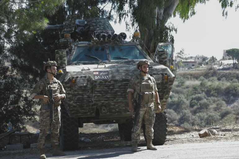 afp_6a449bd94fae-1782881241-1 Lebanese army soldiers patrol a street at the entrance of southern Lebanese village of Froun on June 30, 2026.
