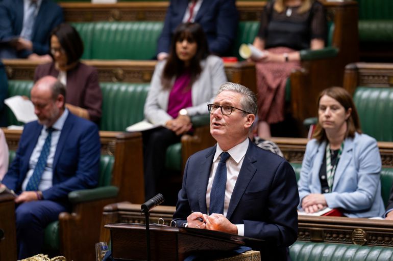 This handout photograph taken and released by the UK Parliament's House of Commons on July 2, 2026, shows Britain's Prime Minister Keir Starmer (C) speaking as he makes a statement on historic forced adoption in parliament in central London.