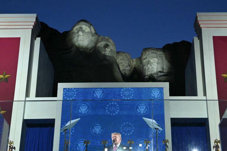 US President Donald Trump delivers remarks during the Independence Day events at Mount Rushmore National Memorial in Keystone, South Dakota, July 3, 2026.