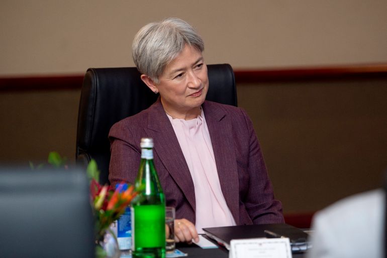 Australia's Foreign Minister Penny Wong listens as she and Prime Minister Anthony Albanese meet with Fiji's Prime Minister Sitiveni Rabuka during a bilateral meeting at the Grand Pacific Hotel in Suva on July 6, 2026.