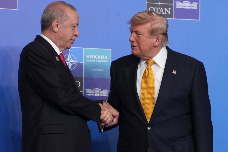 afp_6a4e28f5e587-1783507189 Turkey's President Recep Tayyip Erdogan greets US President Donald Trump as he arrives for the NATO Summit at Bestepe Presidential Compound in Ankara, Turkey, July 8, 2026.