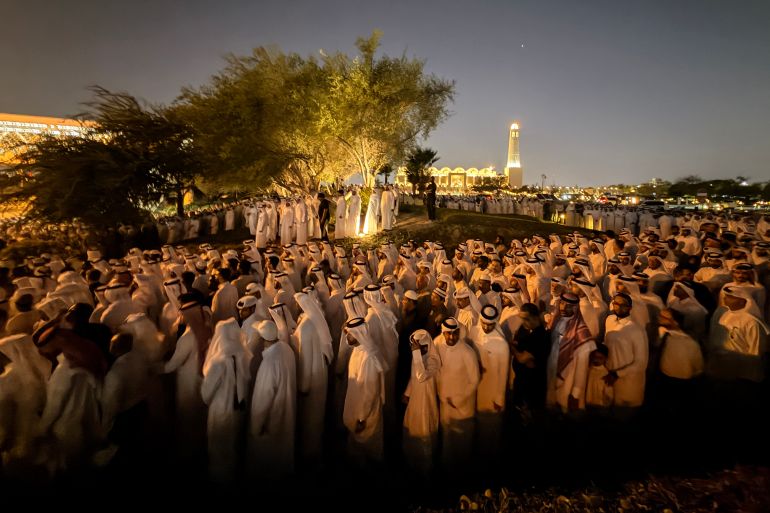 afp_6a53f42565b8-1783886885 Mourners gather for prayers after the announcement of the death of Qatar's former leader Sheikh Hamad bin Khalifa Al Thani at the Imam Mohammed ibn Abd al-Wahhab Mosque in Doha on July 12, 2026.