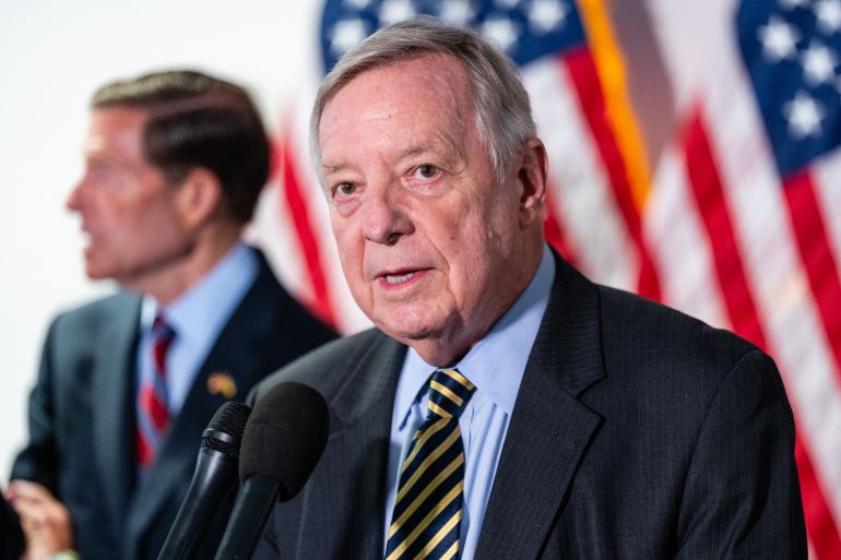 afp_6a57f09e84c6-1784148126 WASHINGTON, DC - JULY 15: Senator Dick Durbin (D-IL) speaks alongside Democratic Senate Judiciary Committee members during a news conference on the nomination of acting Attorney General Todd Blanche alongside on Capitol Hill on July 15, 2026 in Washington, DC. During Blanche's tenure as acting Attorney General the Justice Department has been under scrutiny for pushing President Trump's 1.8 billion dollar "anti-weaponization" fund and its handling of the Epstein files. Eric Lee/Getty Images/AFP (Photo by Eric Lee / GETTY IMAGES NORTH AMERICA / Getty Images via AFP)