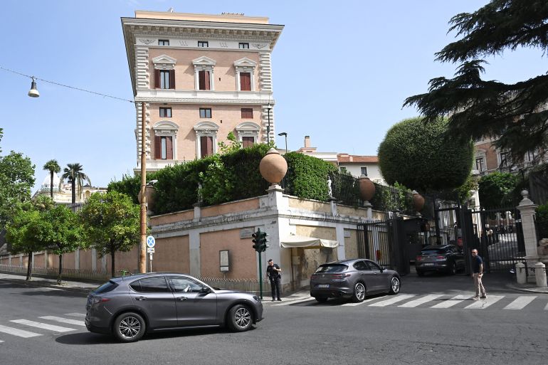 A motorcade delegation arrives on the first day of talks between the Lebanese and Israeli delegations on the backdrop of a regional escalation between Washington and Tehran at the US Embassy in Rome on July 14, 2026.