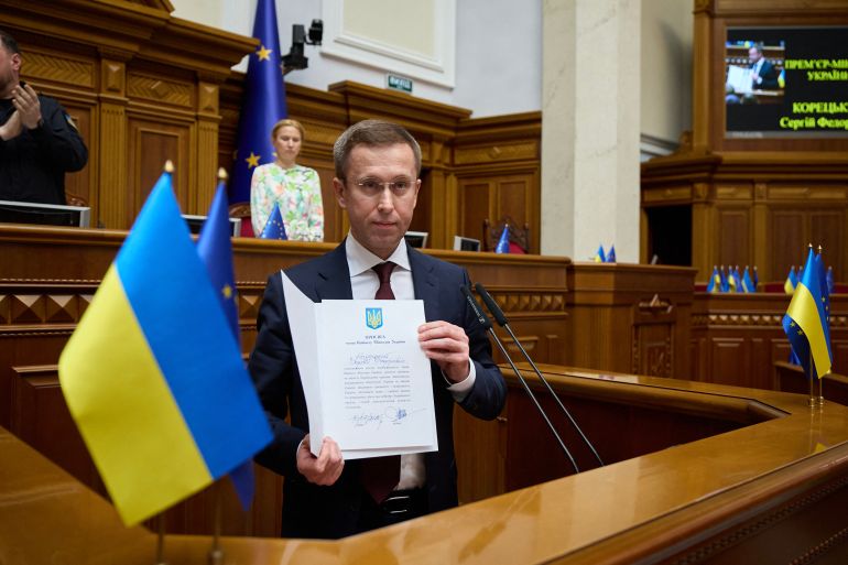 Newly appointed Ukraine's Prime Minister Sergiy Koretsky takes the oath of office as a member of the Cabinet of Ministers of Ukraine during a session of the Ukrainian parliament in Kyiv on July 16, 2026, amid the Russian invasion of Ukraine.