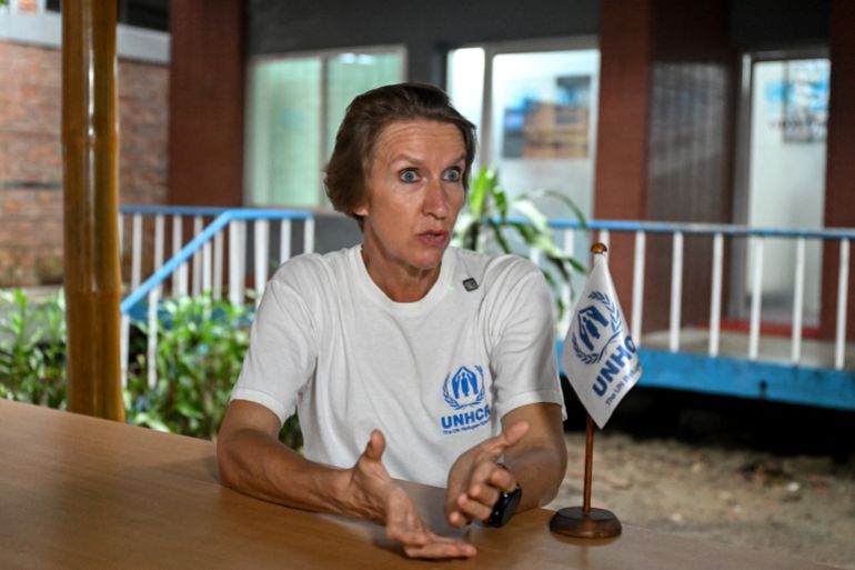 This photograph taken on June 22, 2026 shows UNHCR's assistant representative for protection Astrid Castelein speaking during an interview with AFP in Bangladesh's Cox's Bazar.