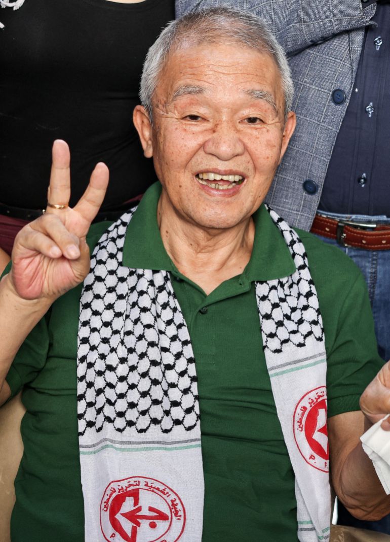 afp_6a62787036ce-1784838256 (FILES) Kozo Okamoto -- the only surviving member of the three-man "Japanese Red Army" (JRA) commando unit that killed 26 people in an attack on Israel's Lod airport on May 30, 1972 -- gestures as he attends a ceremony organised by Palestinian militants to mark the 50th anniversary of the Lod attack in Lebanon's capital Beirut on May 30, 2022.