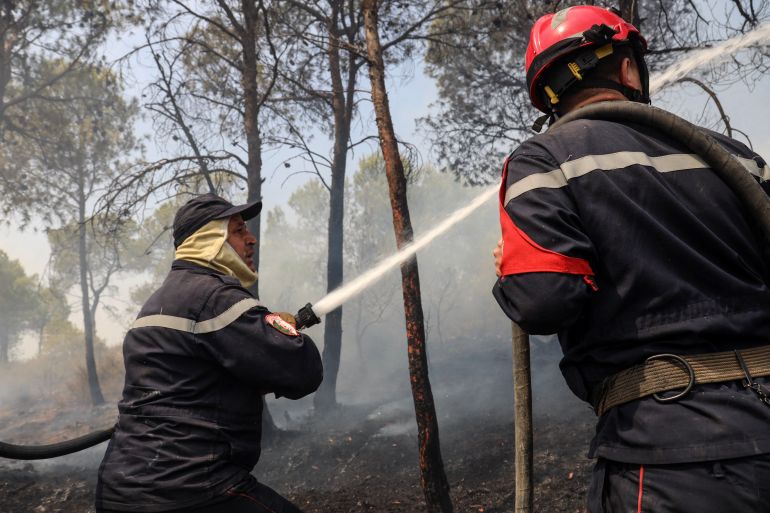 afp_6a6313f7d1b2-1784878071 Firefighters from a civil protection unit battle a wildfire in a mountainous area near the town of Al Hachimia, Bouira Province, on July 21, 2026.