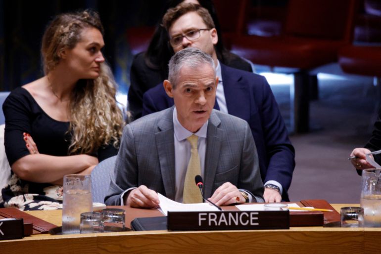 France’s UN Ambassador Jerome Bonnafont speaks as the United Nations Security Council holds an emergency meeting on the Ukraine-Russia war at UN Headquarters in New York, on July 27, 2026.