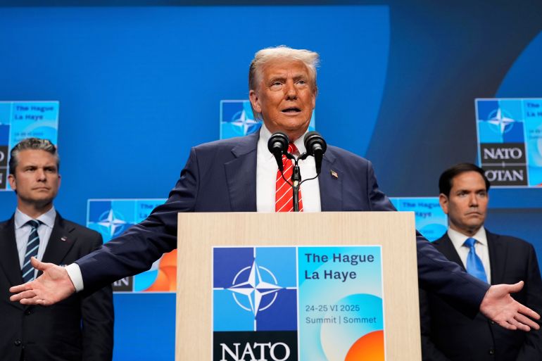 ap_6a4b5ecb2912f-1783324363 FILE - President Donald Trump speaks during a media conference at the end of the NATO summit as Secretary of State Marco Rubio, right, and Defense Secretary Pete Hegseth listen in The Hague, Netherlands, June 25, 2025. (AP Photo/Alex Brandon, File)