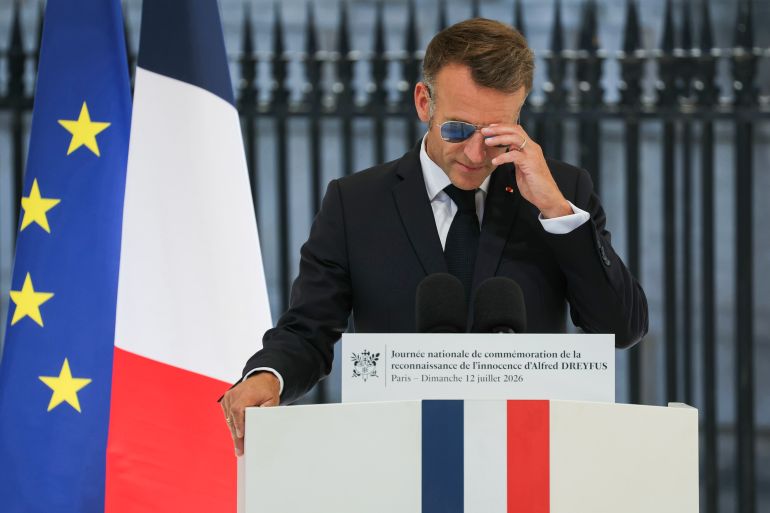 ap_6a5453c6b64ca-1783911366 France's President Emmanuel Macron delivers a speech during a tribute ceremony to Captain Alfred Dreyfus on the first national day dedicated to the recognition of his innocence by the Court of Cassation in 1906, and the fight against the resurgence of antisemitism, 120 years later, on the Ile de la Cite near the Cour de Cassation in Paris, Sunday, July 12, 2026. (Thomas Samson/Pool Photo via AP)