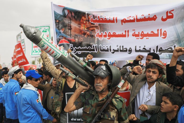 ap_6a5e5b98f3673-1784568729 Houthi supporters hold a rally in Sanaa, Yemen, Friday, July 17, 2026, against the Saudi-led coalition. Banner in Arabic reads, "All Saudi oil facilities are targets to our missiles and drones." (AP Photo/Osamah Abdulrahman)