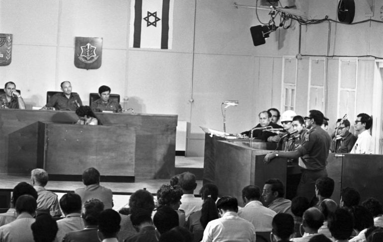 ap_6a62789b69dbe-1784838299 A semi-general view of the military tribunal judging 24 year old Japanese extremist Kozo Okamoto in Lod, Israel on July 11, 1972, for his part in the Lod airport shootings when 24 people were killed and 72 injured, on May 30, 1972. (AP Photo/Max Nash)