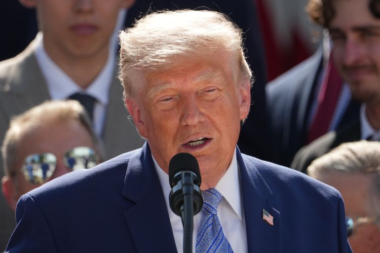President Donald Trump speaks during an event to honor the 2025 World Series champions Los Angeles Dodgers in the Rose Garden of the White House, Thursday, July 23, 2026, in Washington. (AP Photo/Alex Brandon)