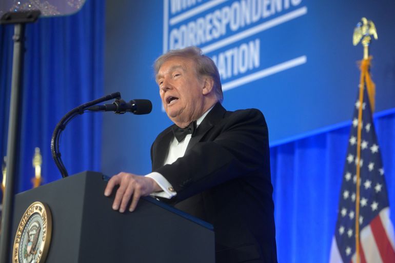 President Donald Trump speaks at the White House Correspondents' Association dinner at the Waldorf Astoria Washington DC, Friday, July 24, 2026, in Washington. (AP Photo/Rod Lamkey, Jr.)